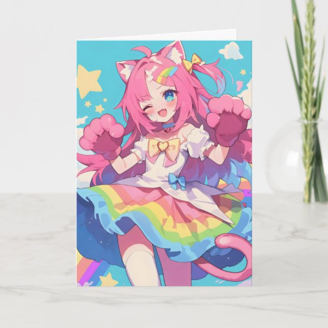 Tarjeta Festiva Anime Cat Chica Rainbow (Anverso)