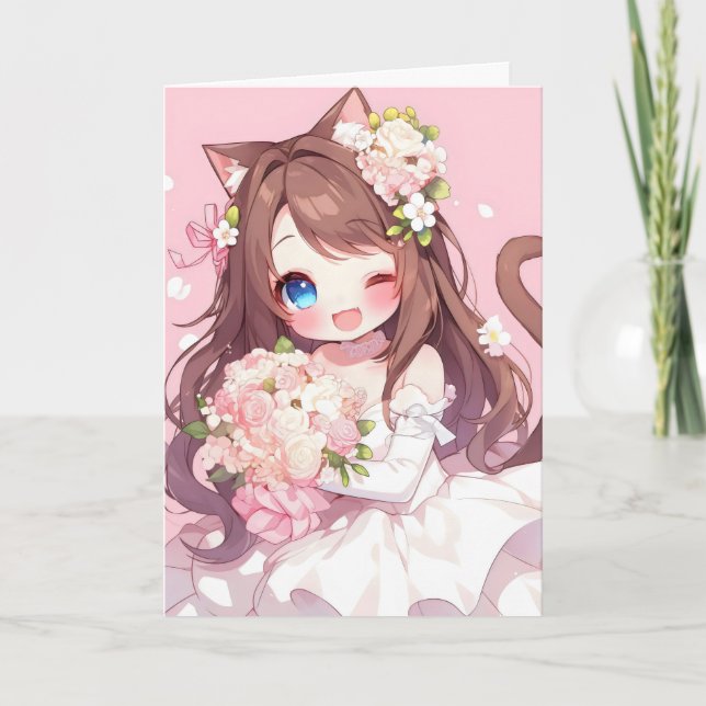 Tarjeta Festiva Anime Chica Bride Cat (Anverso)