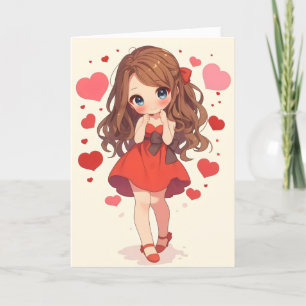 Tarjeta Festiva Anime Chica Red Chibi Heart