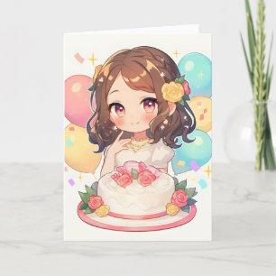 Tarjeta Festiva Anime Chica Torta de cumpleaños