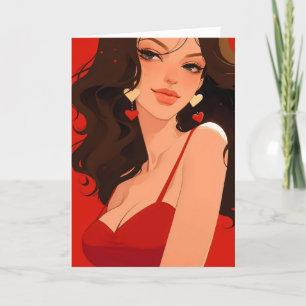 Tarjeta Festiva Anime Woman Hearts Red