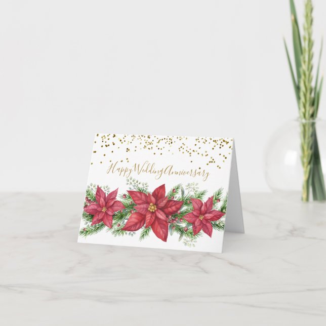 Tarjeta Festiva Aniversario Boda de Navidades con Poinsettias (Anverso)