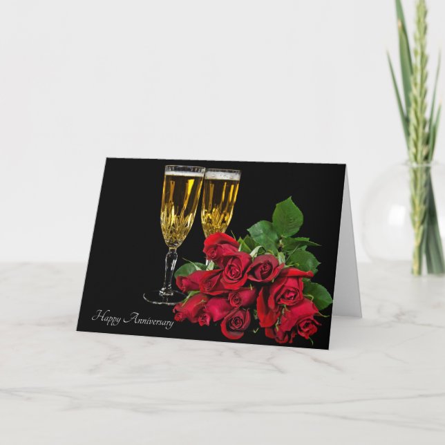 Tarjeta Festiva Aniversario Champagne y rosas (Anverso)