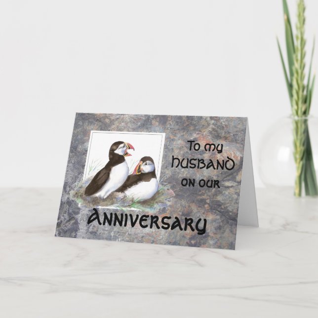 Tarjeta Festiva Aniversario divertido, marido, pájaros de Puffin (Anverso)