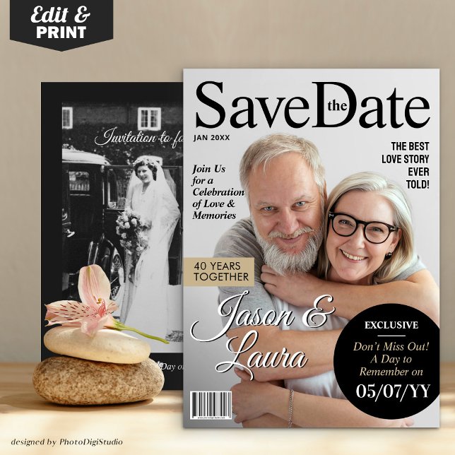 Tarjeta Festiva Aniversario moderno de la revista Save the Date In (Modern Magazine Anniversary Save the Date Invite)