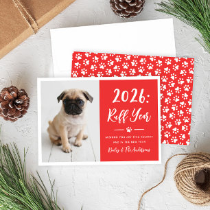 Tarjeta Festiva Año 2026 Áspero Rojo Foto Divertida Perro Huellas 
