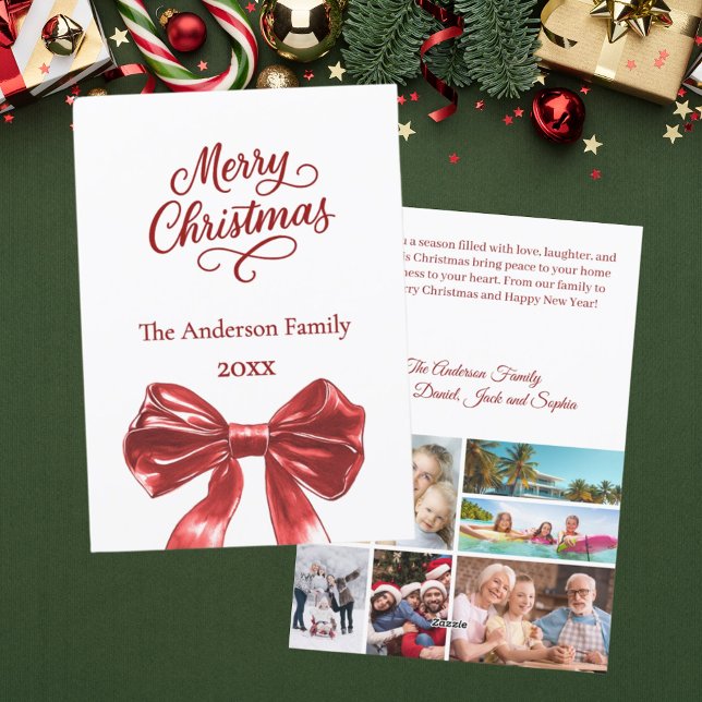 Tarjeta Festiva Año de collage de fotos con arco rojo en Navidades (Subido por el creador)