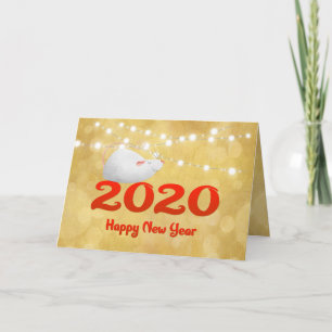 Tarjeta Festiva Año de la Rata 2020 con una Rata Blanca con oro