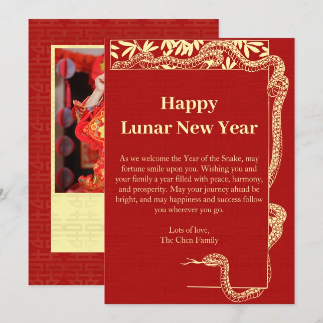 Tarjeta Festiva Año De La Serpiente, Año Nuevo Chino Rojo 2025 Fot (Anverso / Reverso)