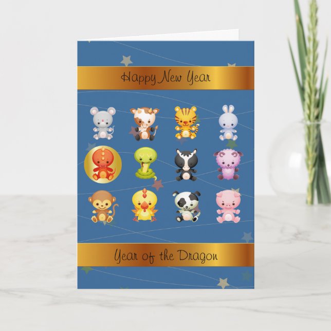 Tarjeta Festiva Año del dragón de los animales zodiacos chinos (Anverso)