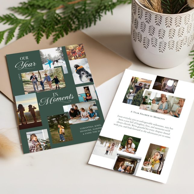 Tarjeta Festiva Año en momentos Navidades de Collage de fotos fami (Year in Moments Family Photo Collage Christmas Holiday Card Green)