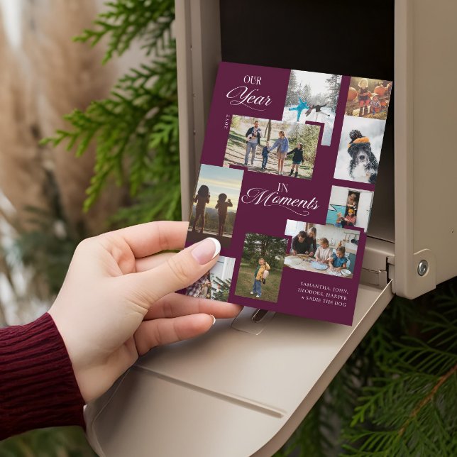 Tarjeta Festiva Año en momentos Navidades de Collage de fotos fami (Year in Moments Family Photo Collage Christmas Holiday Card)