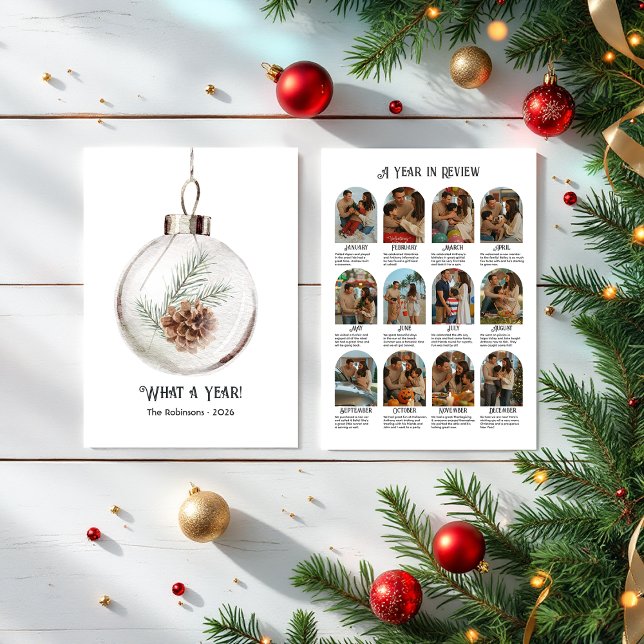 Tarjeta Festiva Año en revisión de cono de pino en acuarela neutra (Neutral Watercolor Pinecone Year in Review Holiday Card)