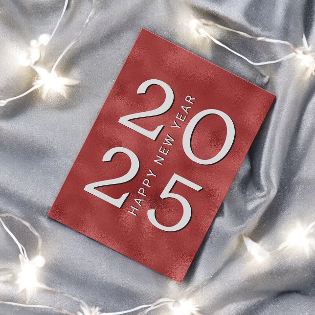 Tarjeta Festiva Año feliz moderno metálico rojo y plateado (Subido por el creador)