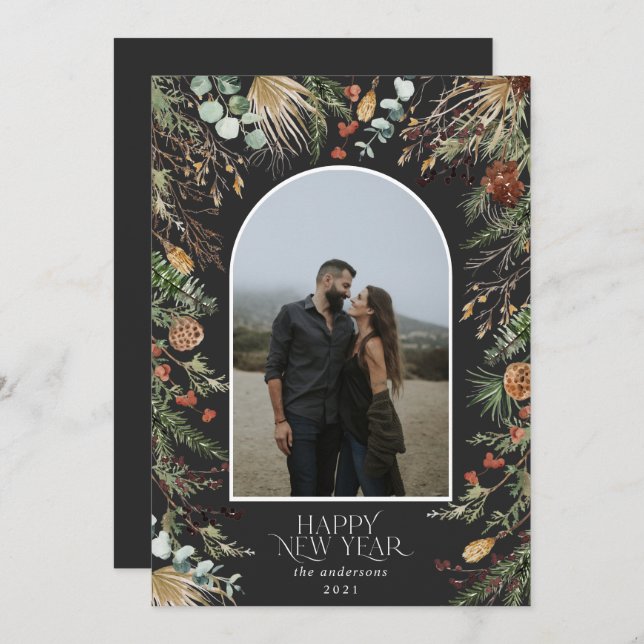 Tarjeta Festiva Año Nuevo 1 foto arco acuarela floral botánica (Anverso / Reverso)