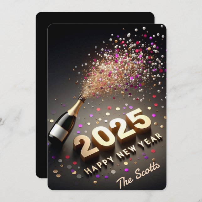 Tarjeta Festiva Año Nuevo 2025 dorado y negro (Anverso / Reverso)