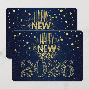 Tarjeta Festiva Año Nuevo 2026 azul marino con estrellas doradas