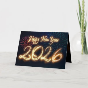 Tarjeta Festiva Año Nuevo 2026 Brillante con Fuegos Artificiales