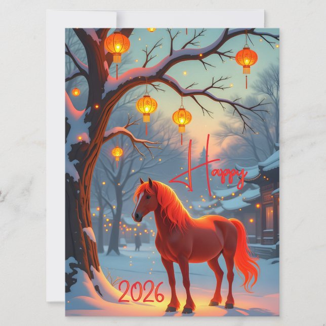 Tarjeta Festiva Año nuevo 2026 del caballo rojo de fuego chino (Anverso)