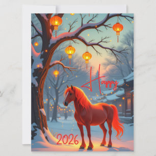 Tarjeta Festiva Año nuevo 2026 del caballo rojo de fuego chino