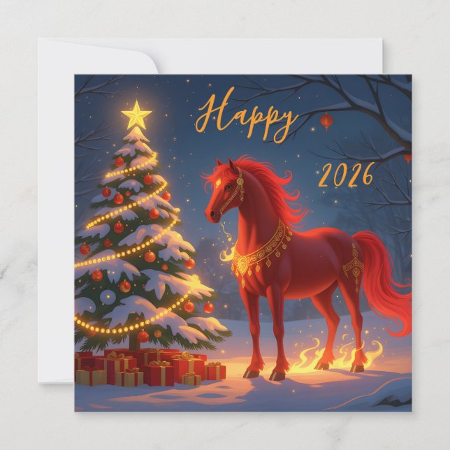 Tarjeta Festiva Año nuevo 2026 del caballo rojo de fuego chino (Anverso)