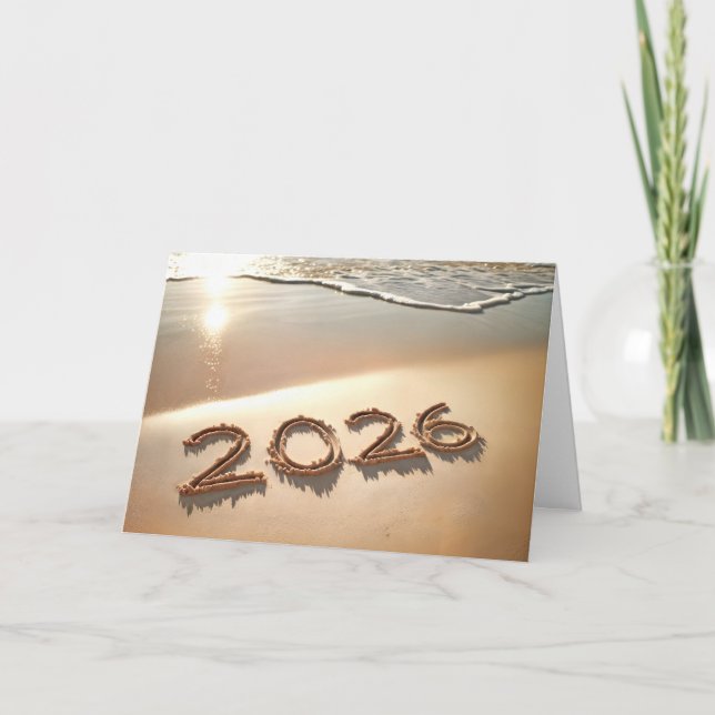 Tarjeta Festiva Año Nuevo 2026 En Arena De Playa (Anverso)