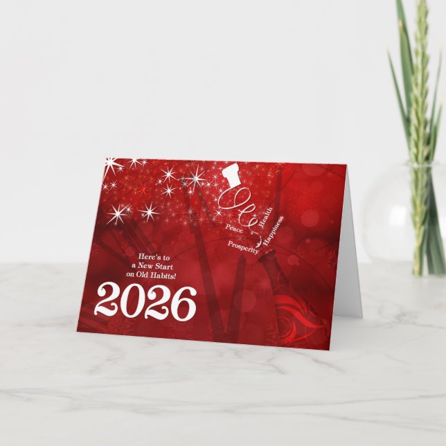 Tarjeta Festiva Año Nuevo 2026 en champán rojo y blanco (Anverso)