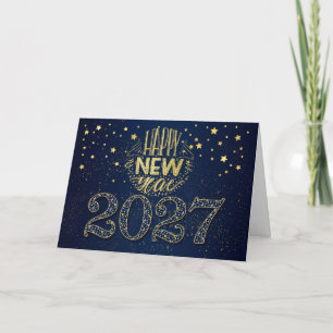 Tarjeta Festiva Año Nuevo 2027 Azul Marino y Estrellas Doradas