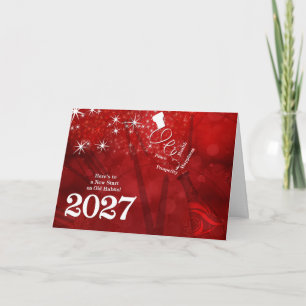 Tarjeta Festiva Año Nuevo 2027 en champán rojo y blanco