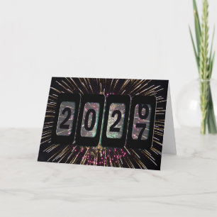 Tarjeta Festiva Año Nuevo 2027 Odómetro y Fuegos Artificiales