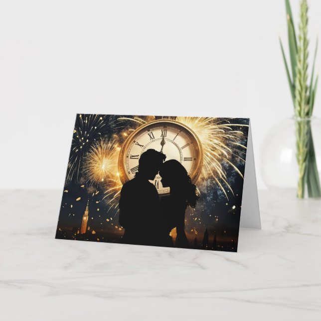 Tarjeta Festiva Año Nuevo Amor Romance Reloj romántico Medianoche (Anverso)