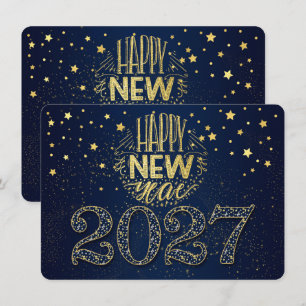 Tarjeta Festiva Año Nuevo Azul Marino 2027 con Estrellas Doradas