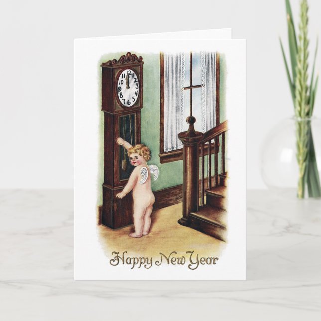 Tarjeta Festiva Año Nuevo bebé y reloj de abuelo (Anverso)