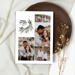Tarjeta Festiva Año nuevo botánico moderno multifoto acuarela