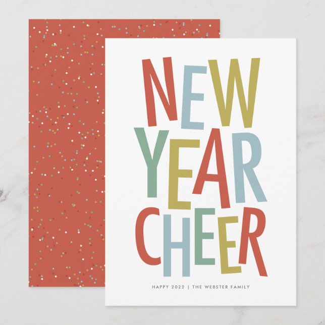 Tarjeta Festiva Año Nuevo Cheer divertido colorido feliz 2022 (Anverso / Reverso)