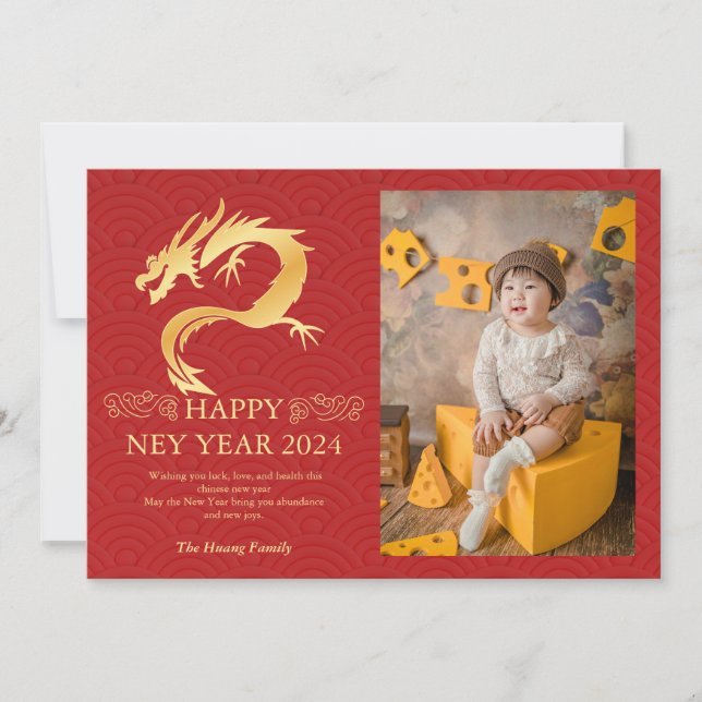 Tarjeta Festiva Año Nuevo Chino 2024, Año Del Holi Rojo Dragón (Anverso)