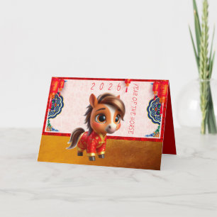 Tarjeta Festiva Año Nuevo Chino 2026 del caballo bebé lindo con te