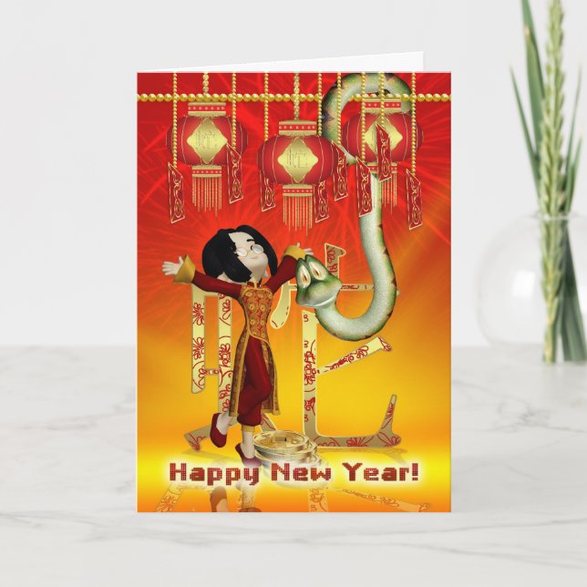 Tarjeta Festiva Año Nuevo Chino - Año De La Serpiente Con Niño (Anverso)