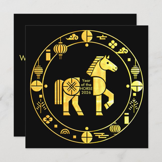 Tarjeta Festiva Año nuevo chino de oro 2026 (Anverso / Reverso)