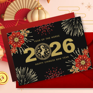 Tarjeta Festiva Año Nuevo Chino del Caballo de Oro Negro