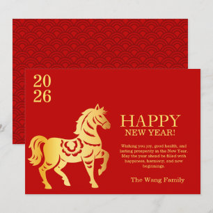 Tarjeta Festiva Año Nuevo Chino del Caballo Rojo y Dorado