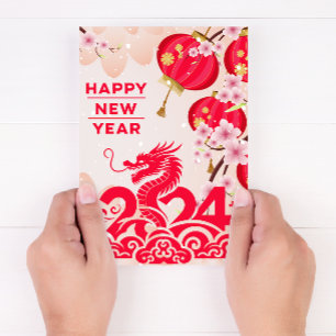 Tarjeta Festiva Año Nuevo Chino Dragón 2024 Año Nuevo Lunar Rosa