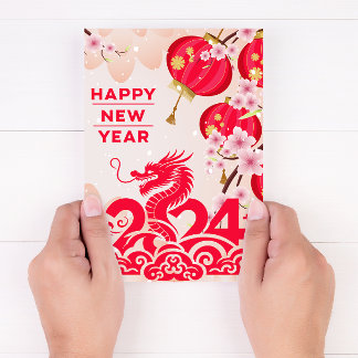 Tarjeta Festiva Año Nuevo Chino Dragón 2024 Año Nuevo Lunar Rosa