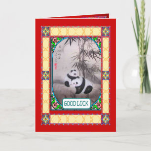 Tarjeta Festiva Año Nuevo chino, pandas debajo de un árbol