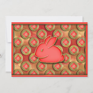 Tarjeta Festiva Año Nuevo Chino símbolo 福 rojo dorado conejo lindo