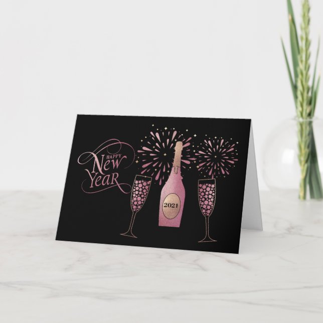 Tarjeta Festiva Año Nuevo con fuegos de champagne rosa retro (Anverso)
