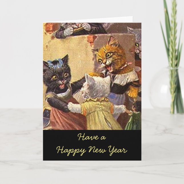 Tarjeta Festiva Año Nuevo de Gatitos Bailarines (Anverso)