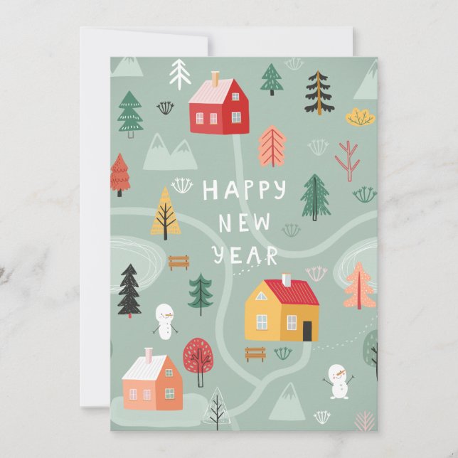 Tarjeta Festiva Año Nuevo de la villa de invierno - Un comienzo ac (Anverso)