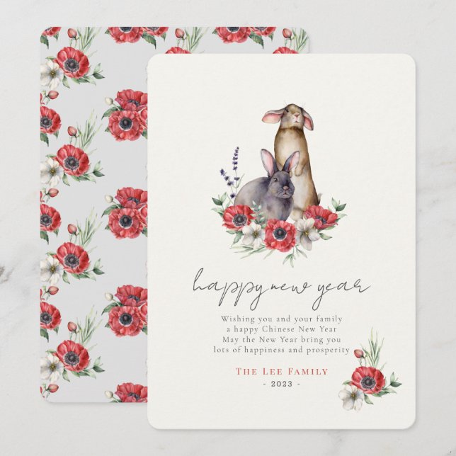 Tarjeta Festiva Año Nuevo de los conejos de Anemone Rojo (Anverso / Reverso)