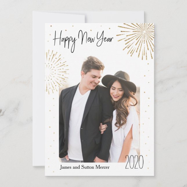 Tarjeta Festiva Año Nuevo de los fuegos artificiales de Oro (Anverso)